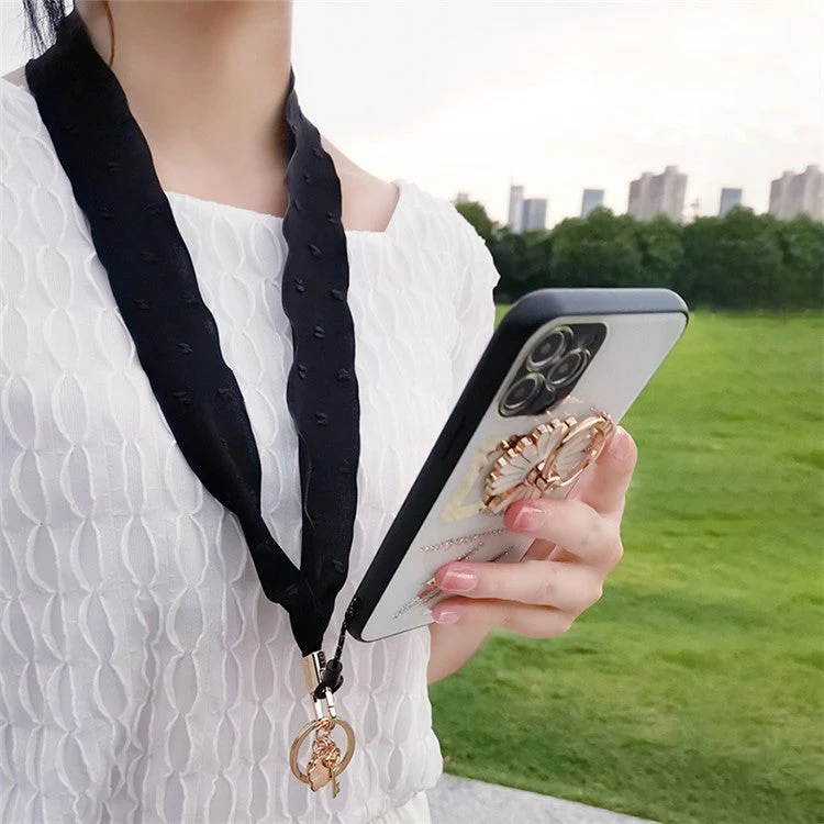 Chiffon Silk Scarf Style Phone Lanyard Dot Design Metal Heart-Shape Pendant Neck Strap - Black - Image 2