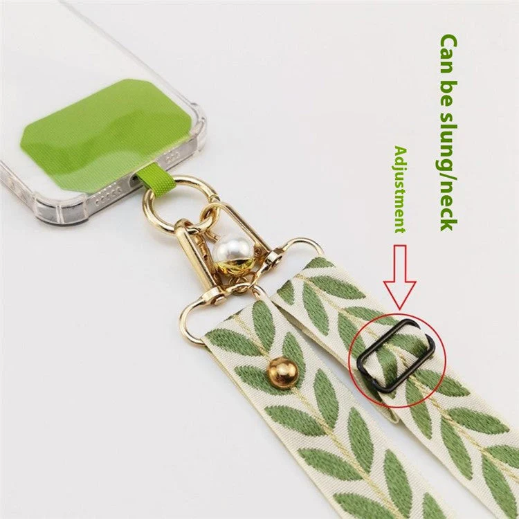 Crossbody Phone Lanyard Adjustable Leaf Pattern Fabric Phone Strap with Tether Tab + Hanging Ropes, Folded Length: 64cm - Green - Image 3