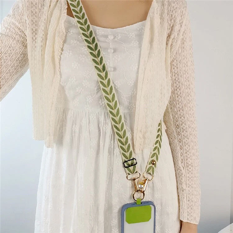 Crossbody Phone Lanyard Adjustable Leaf Pattern Fabric Phone Strap with Tether Tab + Hanging Ropes, Folded Length: 64cm - Green - Image 4