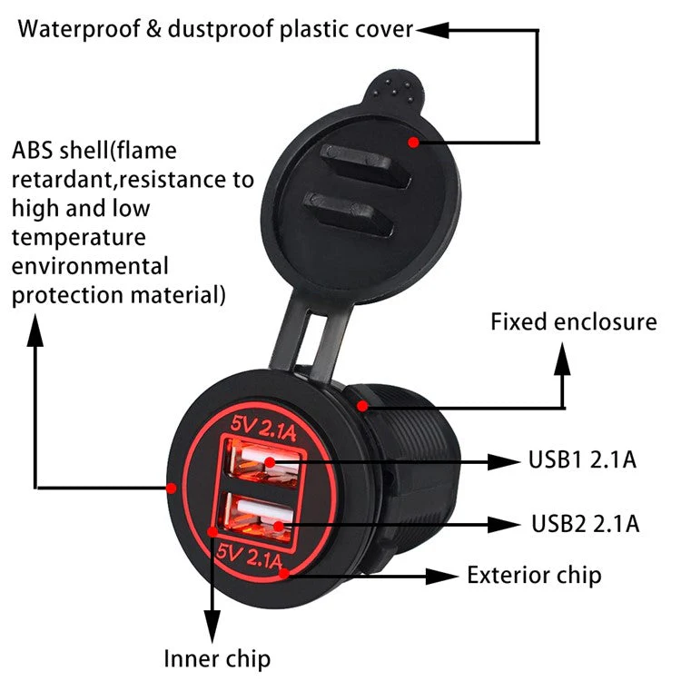 CS-526 USB 2.1A Charging Power Charger Dual USB Port Car Charger with Dual LED Ring Light - Red - Image 3