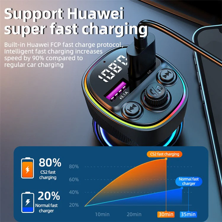 CS2 Dual USB 66W Super Fast Car Charger Digital Display Car Charger with MP3 Player Bluetooth FM Transmitter - Image 3