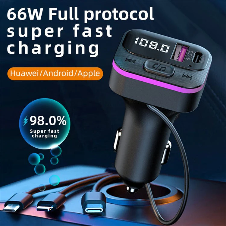 CS3 USB+USB-C 66W Car Charger MP3 Player Bluetooth FM Transmitter Car Charger with 3 Charging Cables - Image 2