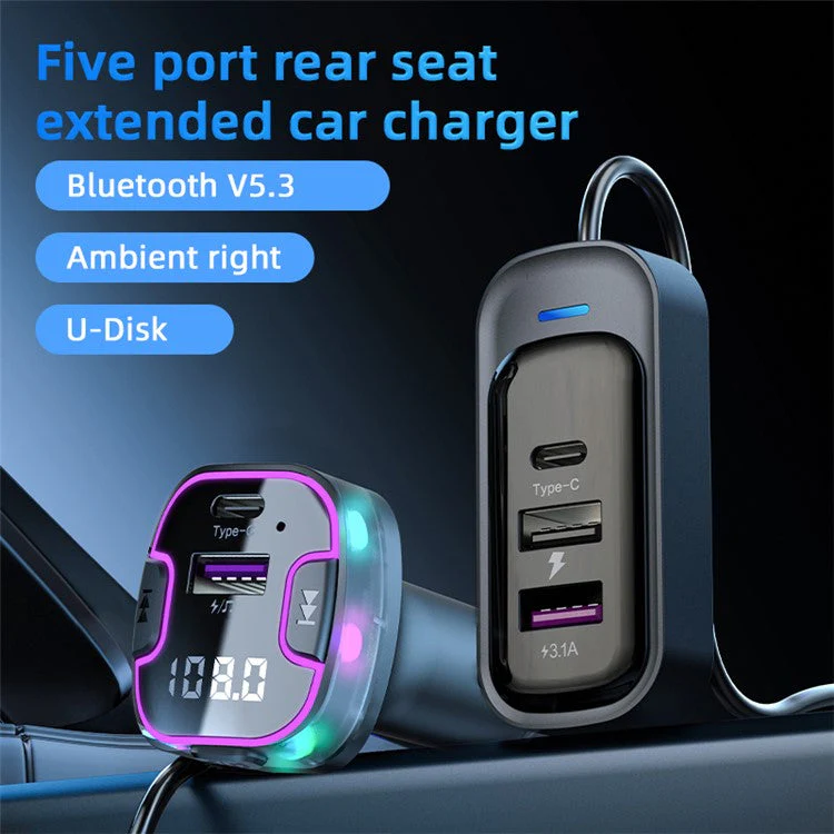 CS6 Rear Seat Extended Car Charger Multi-Port Fast Car Charger with Bluetooth MP3 Play, FM Transmitter Function - Image 2