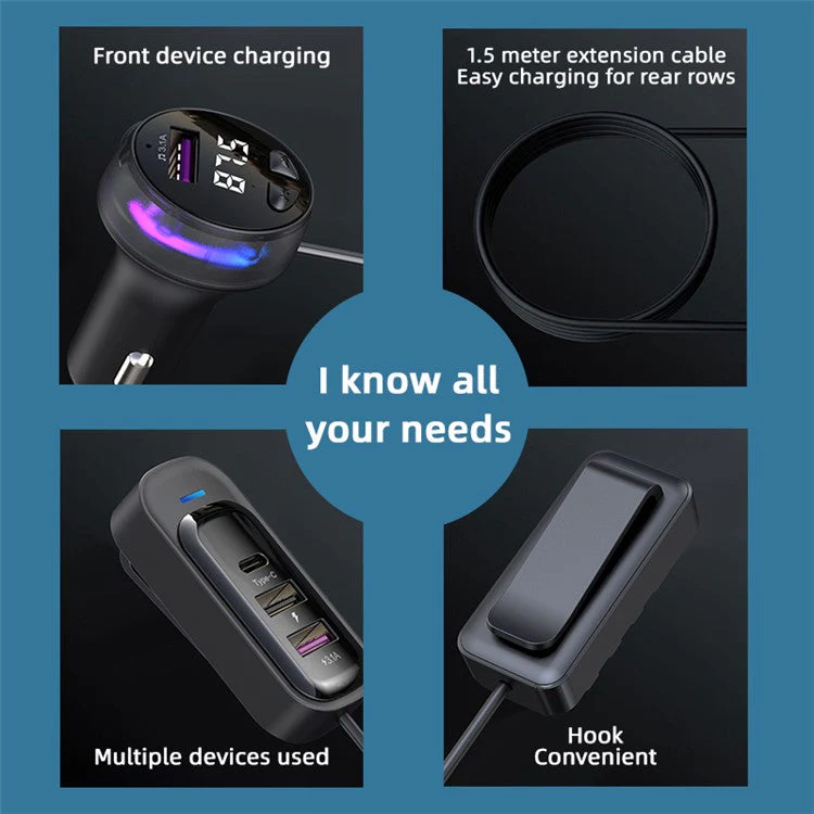 CS8 Rear Seat Extended Fast Car Charger Bluetooth MP3 Play FM Transmitter Multi-Port Car Charger - Image 7