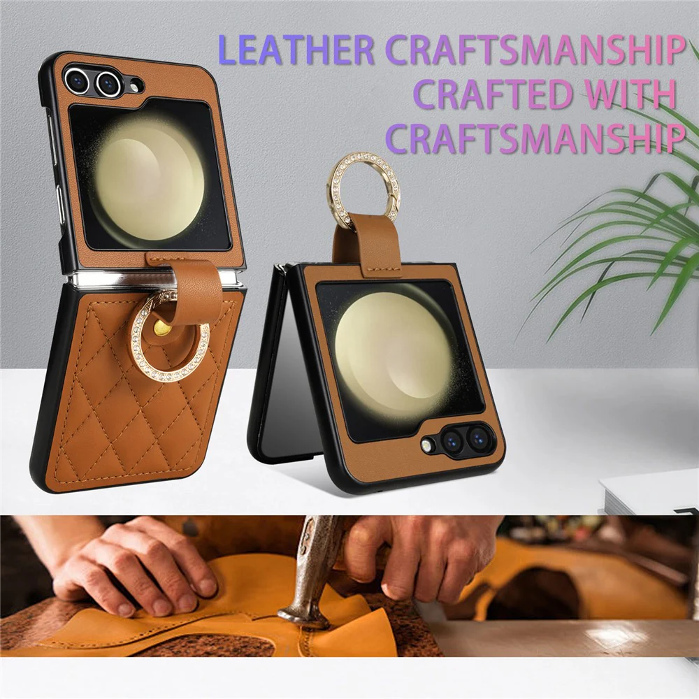 CSJ-P2 For Samsung Galaxy Z Flip7 FE 5G / Z Flip6 5G / Z Flip5 5G Case Stitching Leather Phone Cover Ring Kickstand - Brown - Image 8