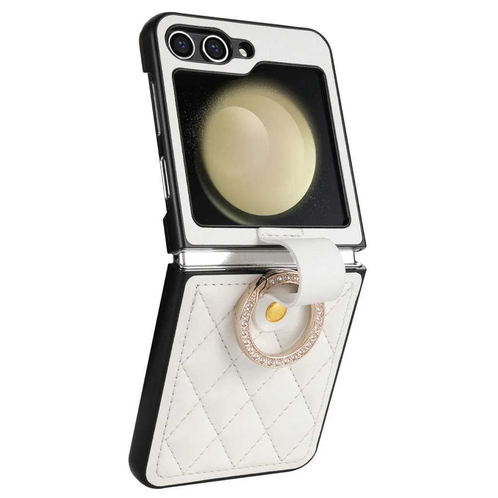 CSJ-P2 For Samsung Galaxy Z Flip7 FE 5G / Z Flip6 5G / Z Flip5 5G Case Stitching Leather Phone Cover Ring Kickstand - White