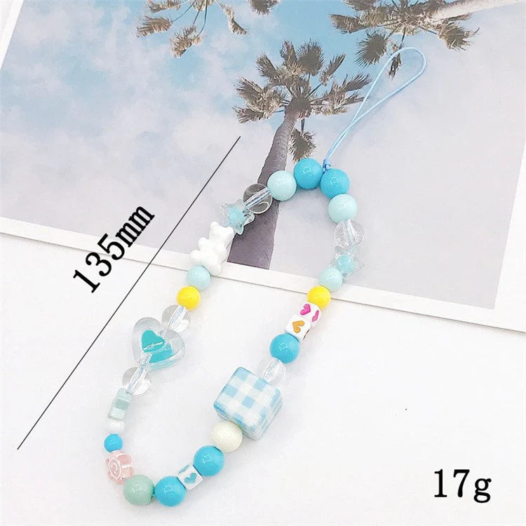 Cute Cartoon Design Beaded Phone Lanyard Bracelet Anti-drop Cellphone Case Pendant - Blue Plaid - Image 2