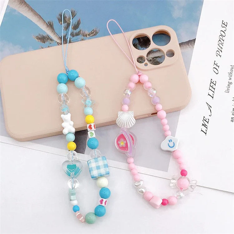 Cute Cartoon Design Beaded Phone Lanyard Bracelet Anti-drop Cellphone Case Pendant - Blue Plaid - Image 3