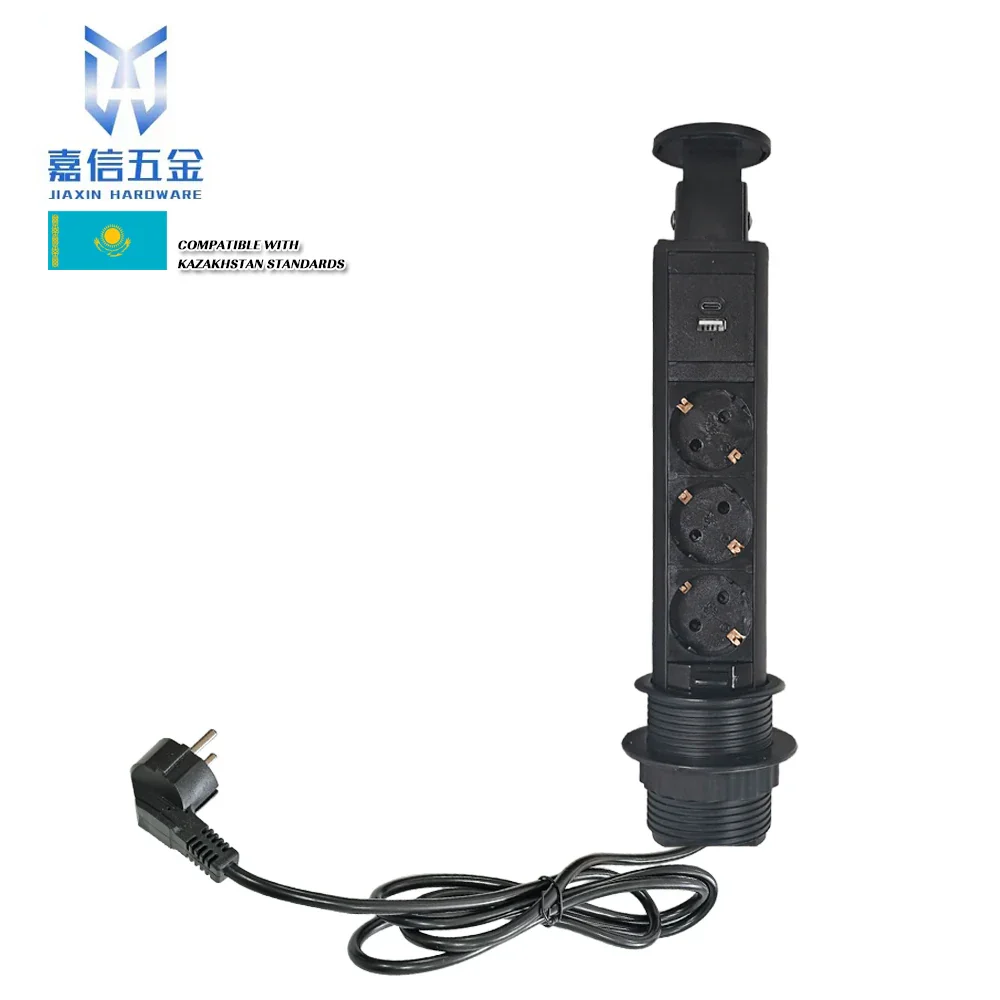 Cylindrical desktop pull up Socket 3 EU plug with USB A&C charging with 1.8m power cable - Image 3