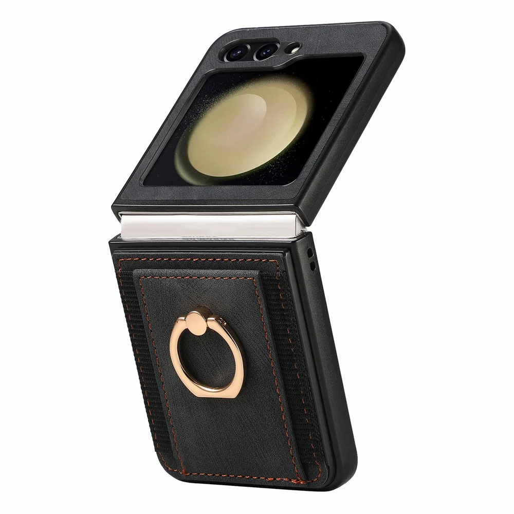 D2 For Samsung Galaxy Z Flip7 FE 5G / Z Flip6 5G Case Card Slot Leather+PC Retro Phone Cover Ring Holder Kickstand - Black - Image 4