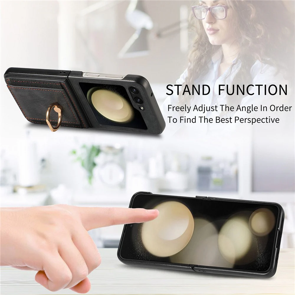 D2 For Samsung Galaxy Z Flip7 FE 5G / Z Flip6 5G Case Card Slot Leather+PC Retro Phone Cover Ring Holder Kickstand - Black - Image 8