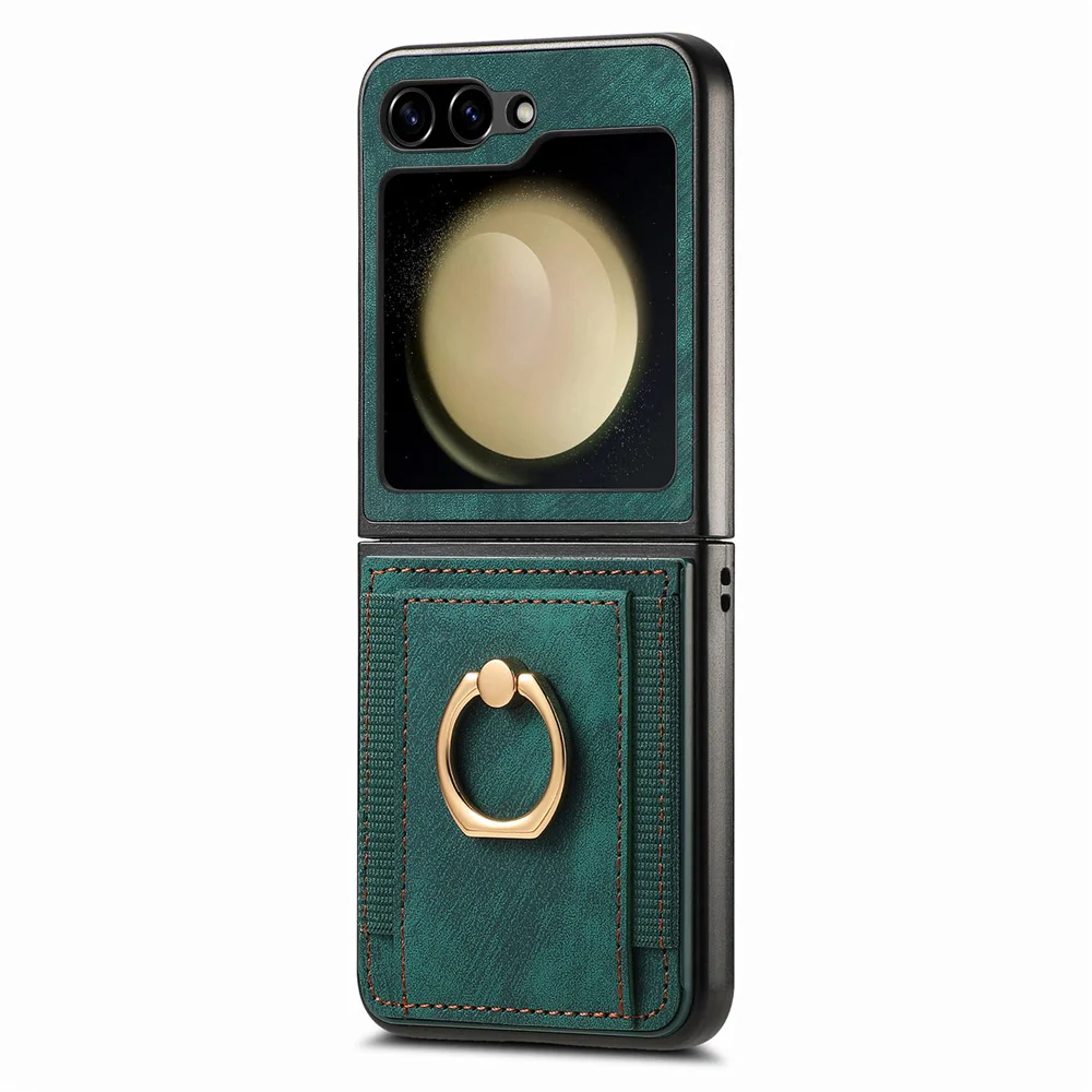 D2 For Samsung Galaxy Z Flip7 FE 5G / Z Flip6 5G Case Card Slot Leather+PC Retro Phone Cover Ring Holder Kickstand - Green - Image 2