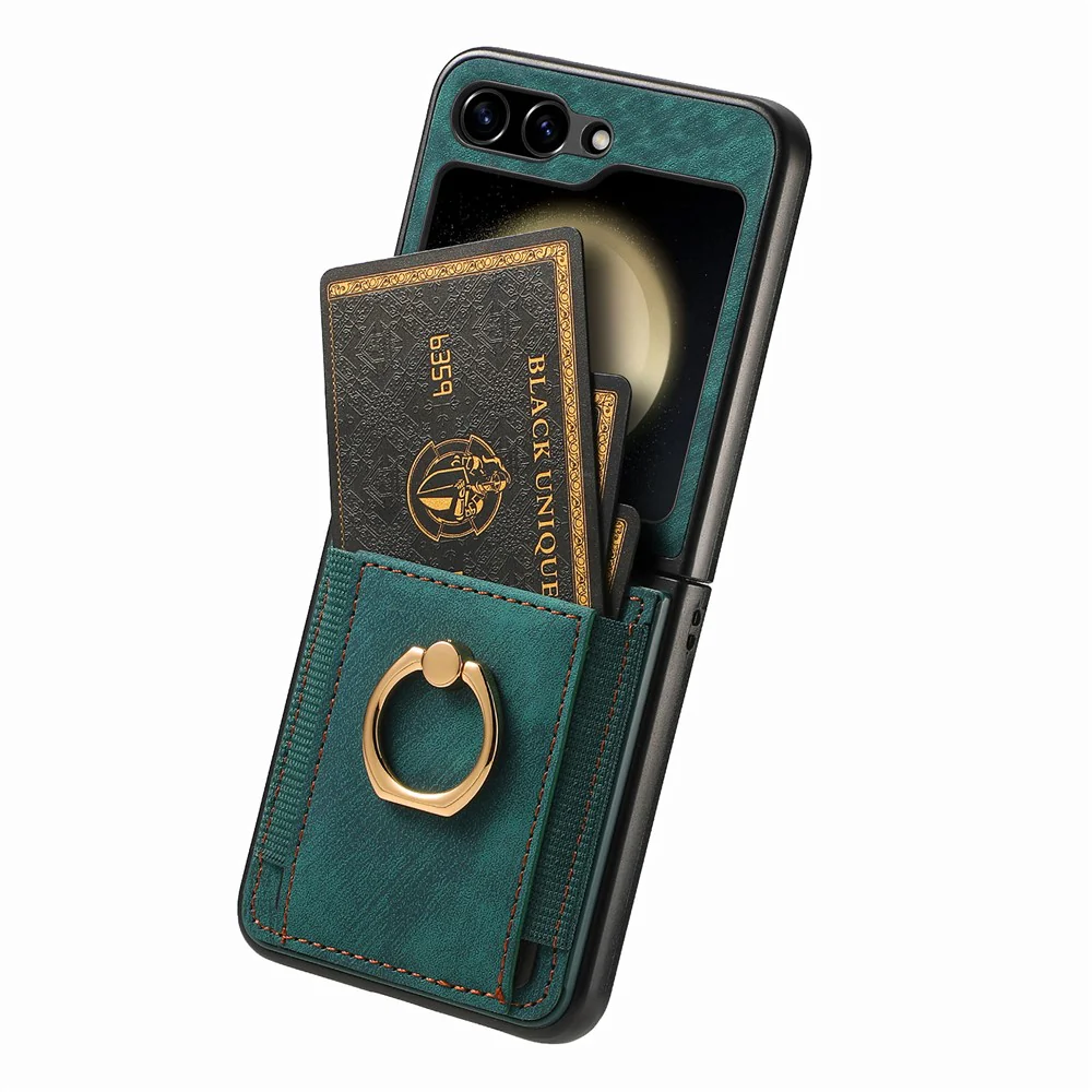 D2 For Samsung Galaxy Z Flip7 FE 5G / Z Flip6 5G Case Card Slot Leather+PC Retro Phone Cover Ring Holder Kickstand - Green - Image 3