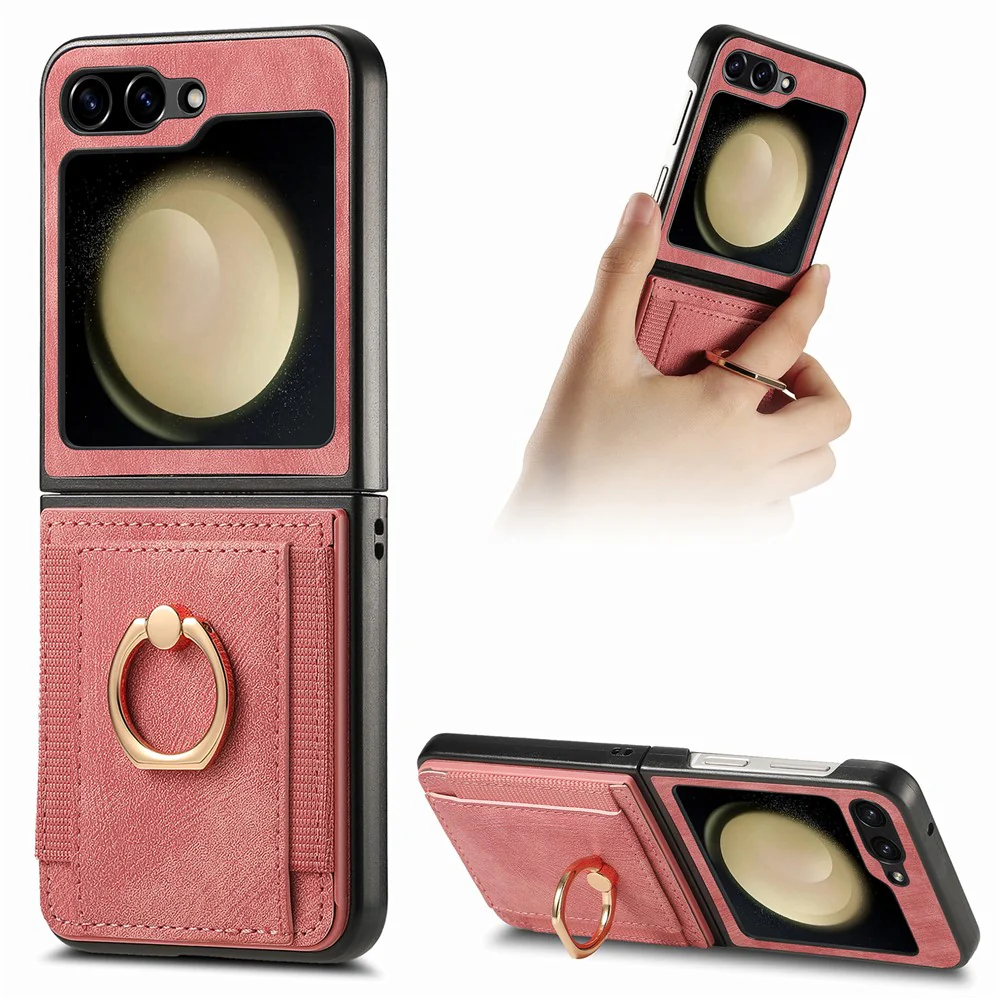 D2 For Samsung Galaxy Z Flip7 FE 5G / Z Flip6 5G Case Card Slot Leather+PC Retro Phone Cover Ring Holder Kickstand - Pink