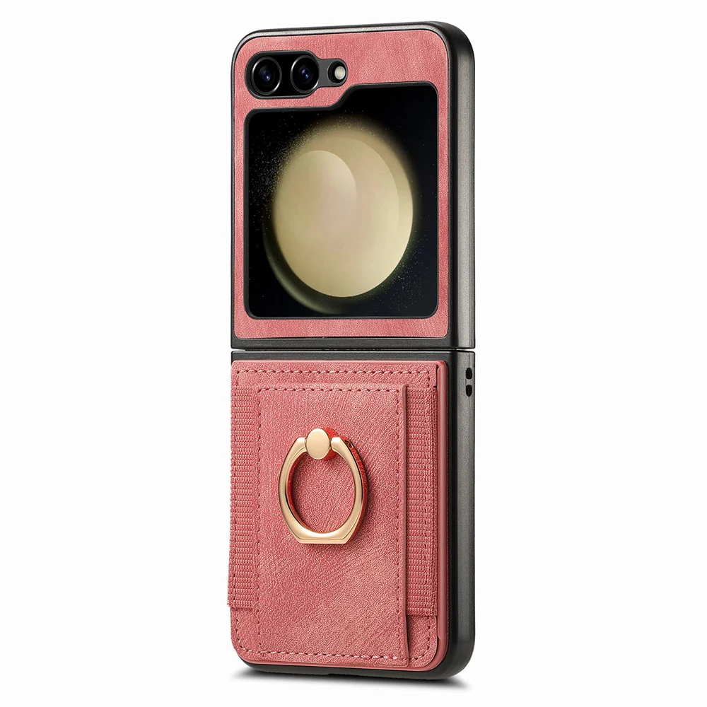 D2 For Samsung Galaxy Z Flip7 FE 5G / Z Flip6 5G Case Card Slot Leather+PC Retro Phone Cover Ring Holder Kickstand - Pink - Image 2