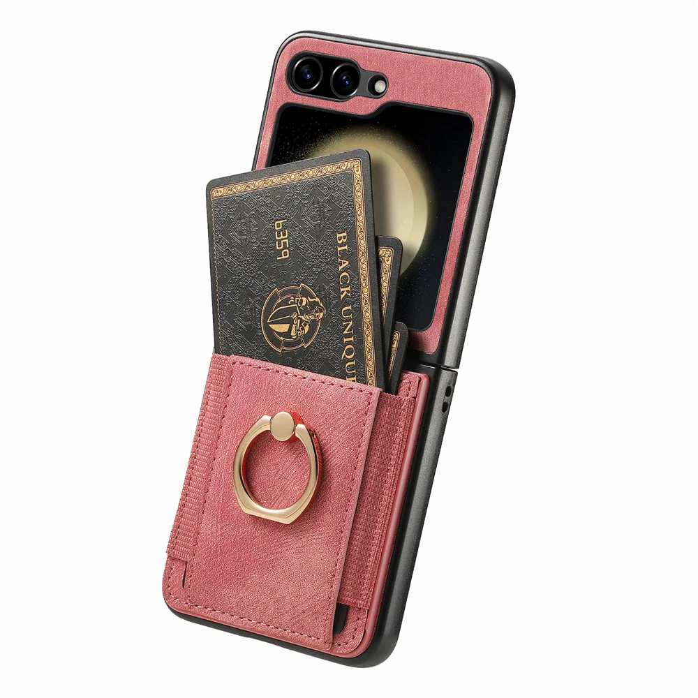 D2 For Samsung Galaxy Z Flip7 FE 5G / Z Flip6 5G Case Card Slot Leather+PC Retro Phone Cover Ring Holder Kickstand - Pink - Image 3