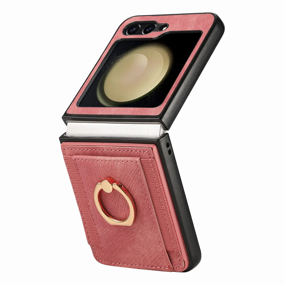 D2 For Samsung Galaxy Z Flip7 FE 5G / Z Flip6 5G Case Card Slot Leather+PC Retro Phone Cover Ring Holder Kickstand - Pink - Image 4