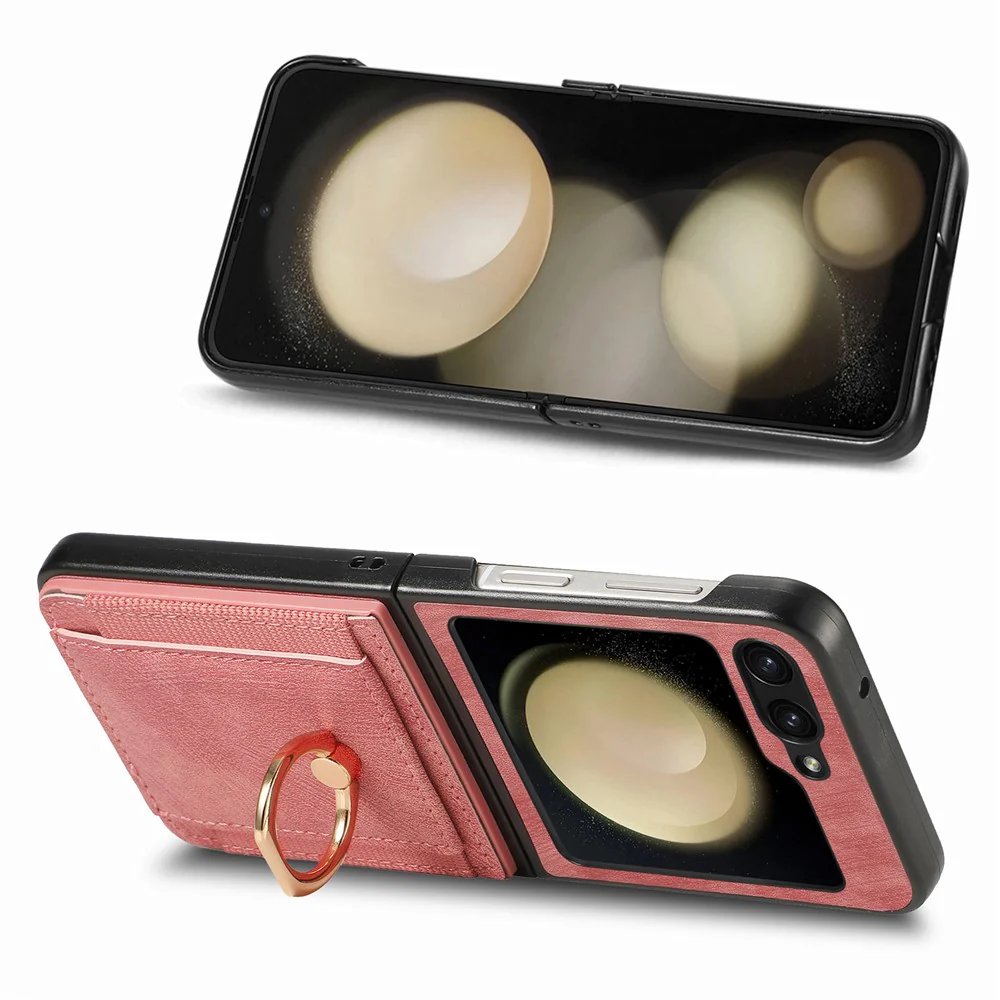 D2 For Samsung Galaxy Z Flip7 FE 5G / Z Flip6 5G Case Card Slot Leather+PC Retro Phone Cover Ring Holder Kickstand - Pink - Image 5