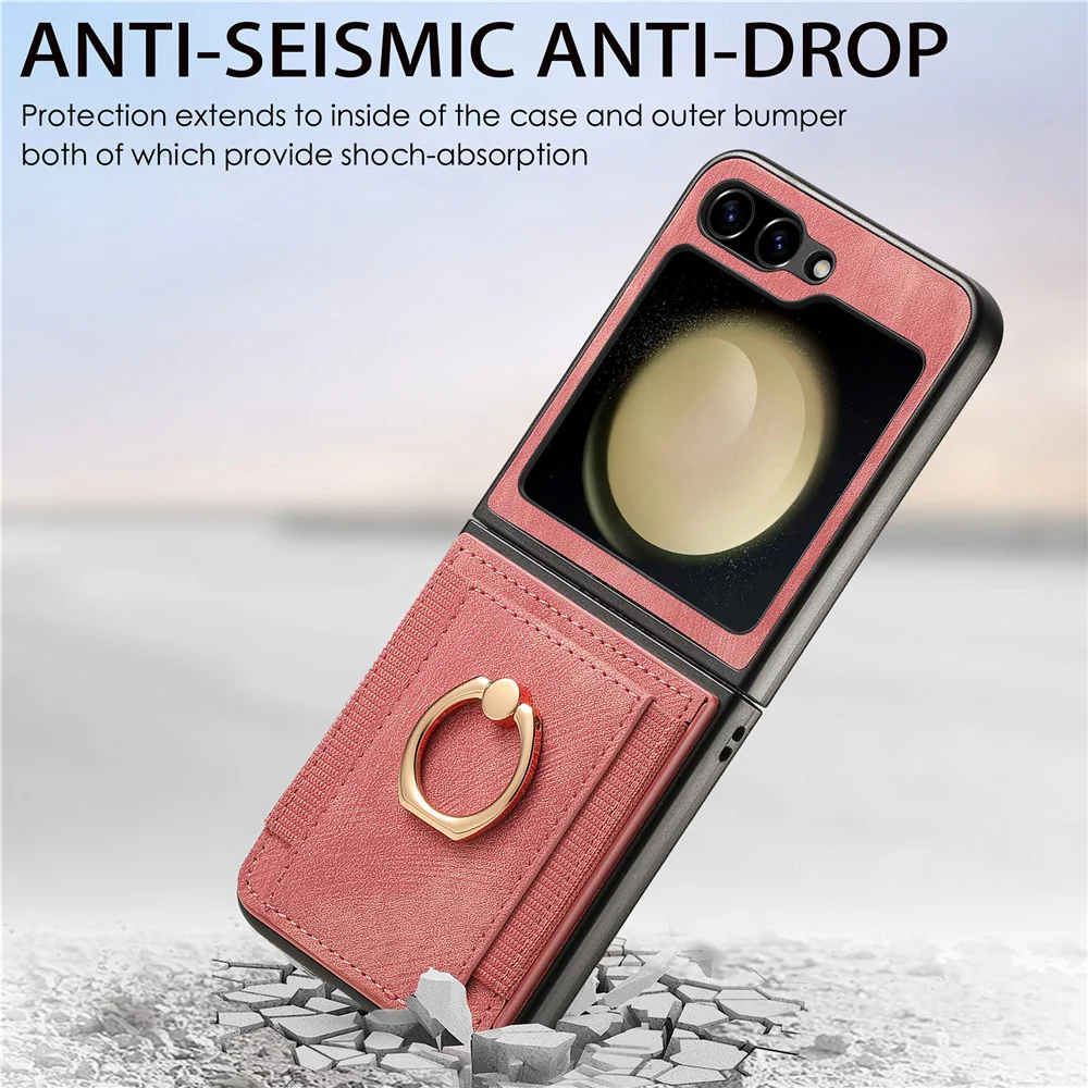 D2 For Samsung Galaxy Z Flip7 FE 5G / Z Flip6 5G Case Card Slot Leather+PC Retro Phone Cover Ring Holder Kickstand - Pink - Image 6