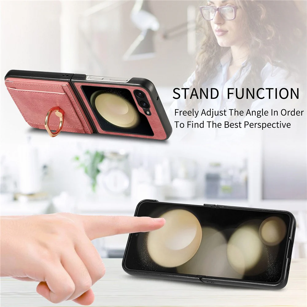D2 For Samsung Galaxy Z Flip7 FE 5G / Z Flip6 5G Case Card Slot Leather+PC Retro Phone Cover Ring Holder Kickstand - Pink - Image 8