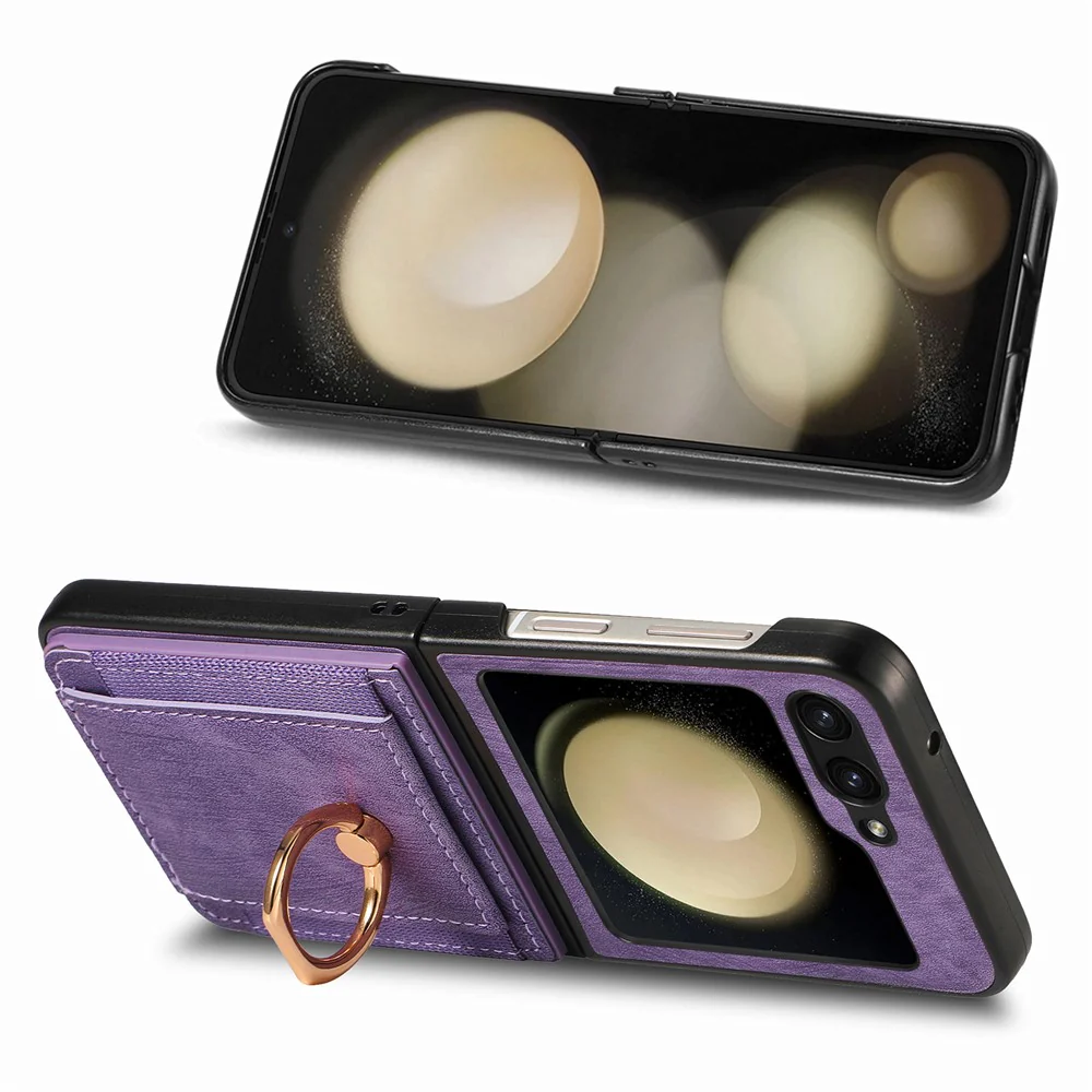 D2 For Samsung Galaxy Z Flip7 FE 5G / Z Flip6 5G Case Card Slot Leather+PC Retro Phone Cover Ring Holder Kickstand - Purple - Image 5
