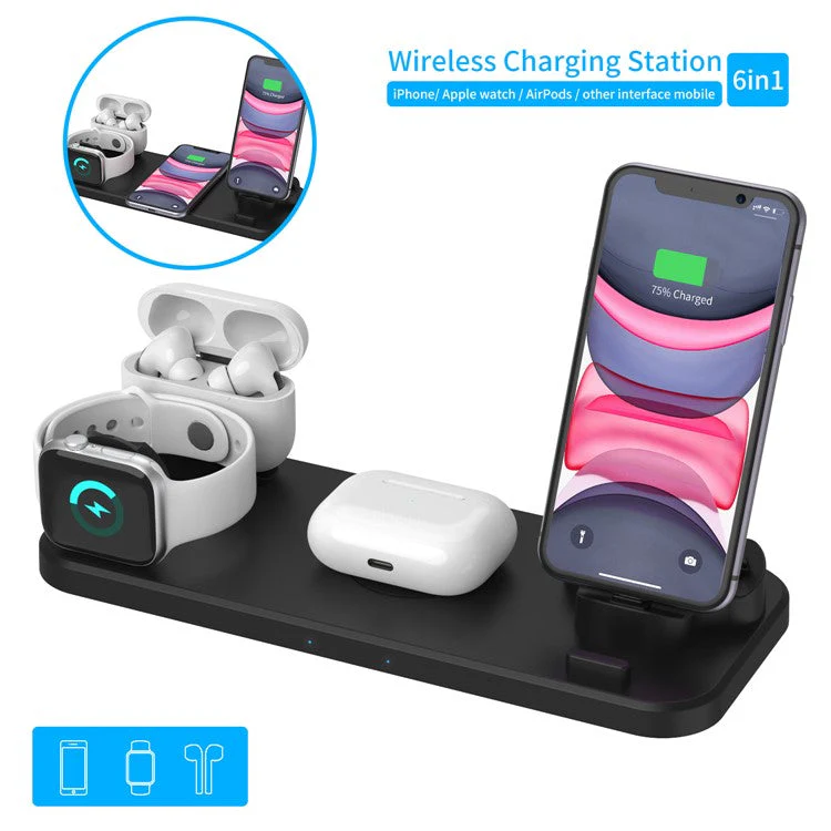 D6 6 in 1 Rotatable Folding Wireless Charger Stand Dock Mobile Phone Universal Fast Charging Station - Black - Image 3