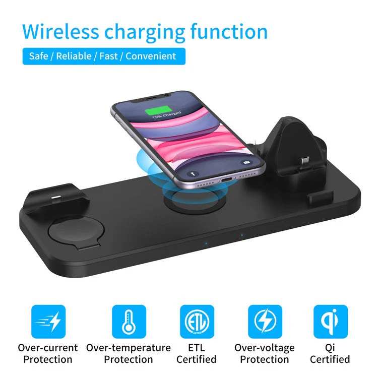 D6 6 in 1 Rotatable Folding Wireless Charger Stand Dock Mobile Phone Universal Fast Charging Station - Black - Image 6