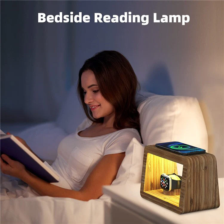 DCR-028 Bamboo 5-in-1 Wireless Charger Mobile Phone Charging Stand with Digital Alarm Clock, Night Light, Desktop Smart Watch Charging Station - EU Plug - Image 6