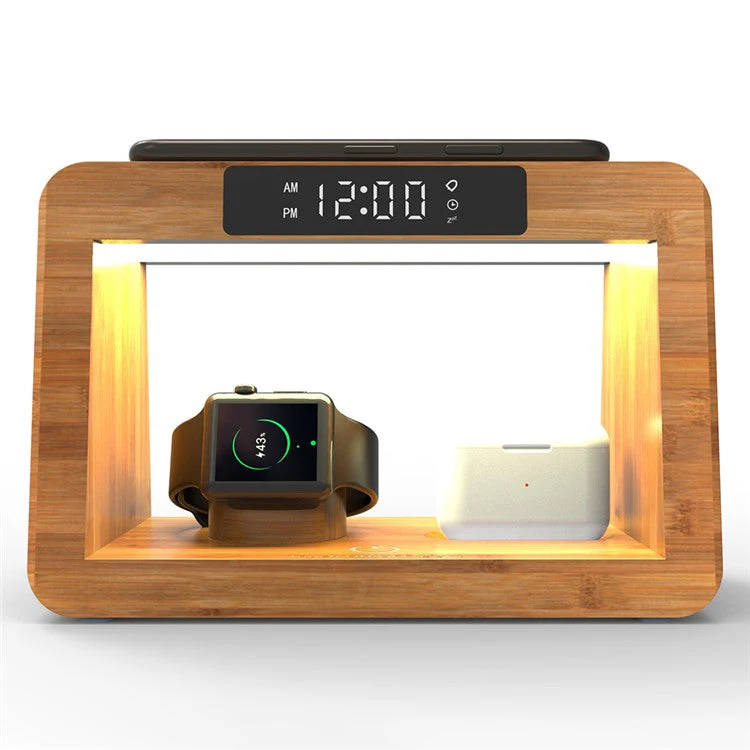 DCR-028 Bamboo 5-in-1 Wireless Charger Mobile Phone Charging Stand with Digital Alarm Clock, Night Light, Desktop Smart Watch Charging Station - EU Plug - Image 8