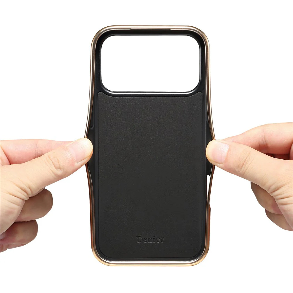 DENIOR A01 For iPhone 17 Pro Max Case Waxy Texture Genuine Cow Leather Electroplating Back Cover - Black - Image 6