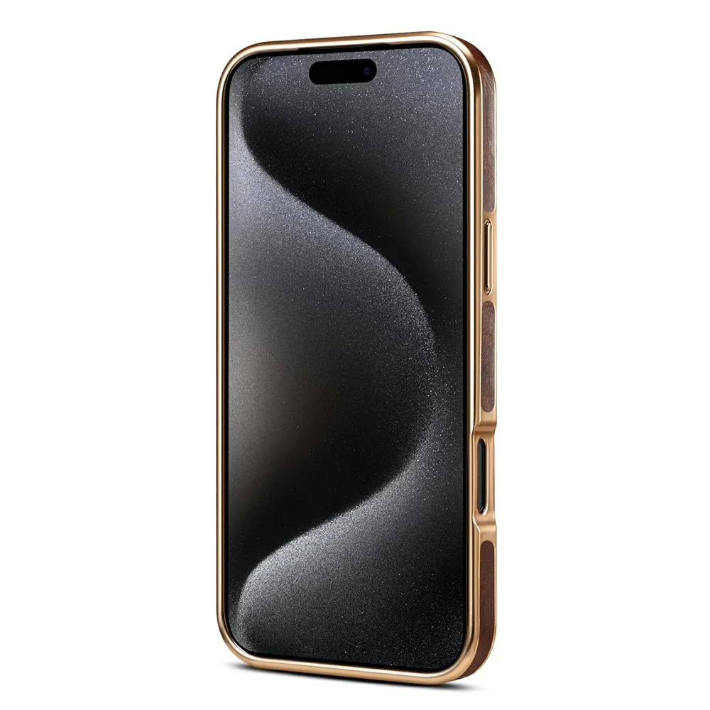 DENIOR A01 For iPhone 17 Pro Max Case Waxy Texture Genuine Cow Leather Electroplating Back Cover - Brown - Image 3