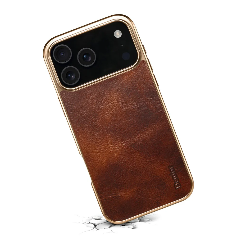 DENIOR A01 For iPhone 17 Pro Max Case Waxy Texture Genuine Cow Leather Electroplating Back Cover - Brown - Image 4