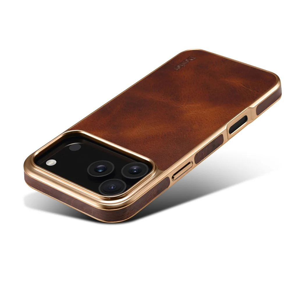 DENIOR A01 For iPhone 17 Pro Max Case Waxy Texture Genuine Cow Leather Electroplating Back Cover - Brown - Image 5