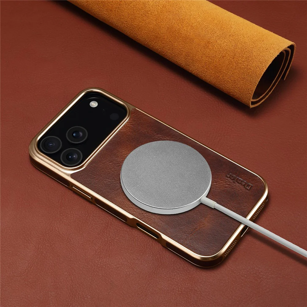 DENIOR A01 For iPhone 17 Pro Max Case Waxy Texture Genuine Cow Leather Electroplating Back Cover - Brown - Image 7