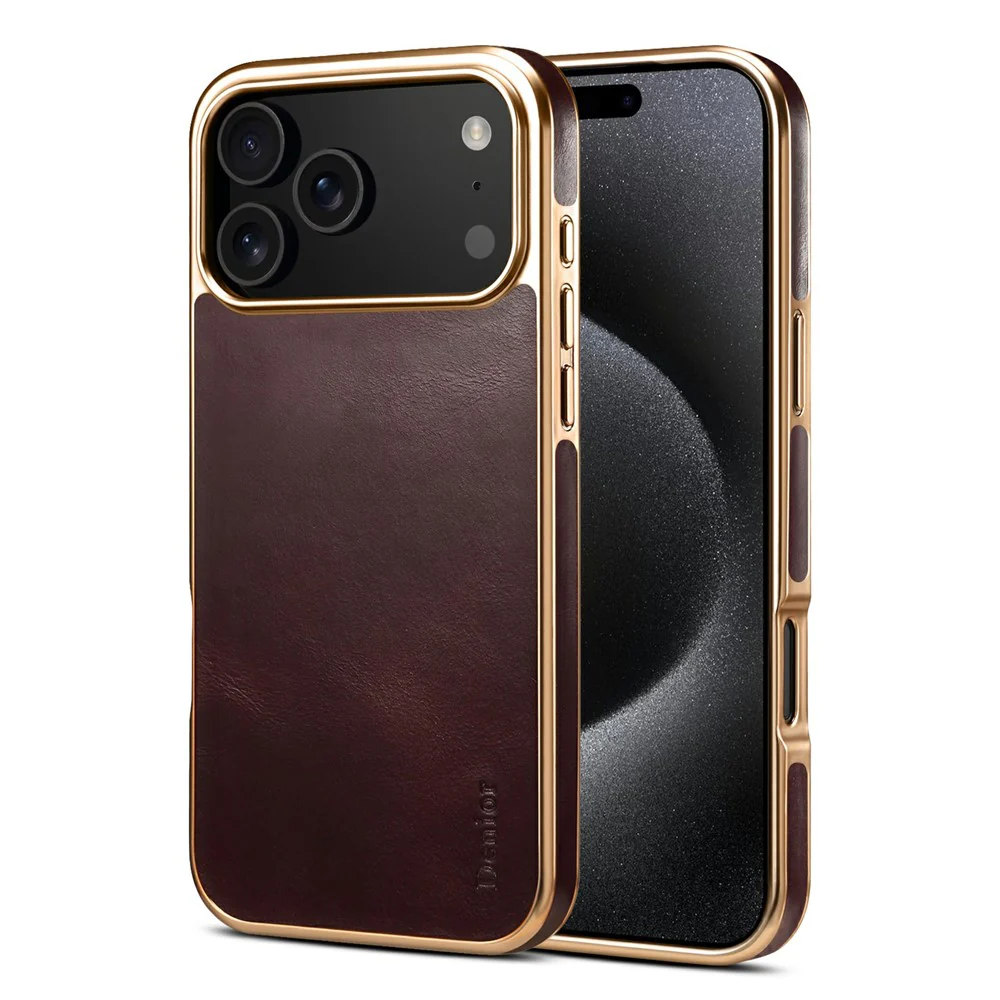 DENIOR A01 For iPhone 17 Pro Max Case Waxy Texture Genuine Cow Leather Electroplating Back Cover - Red