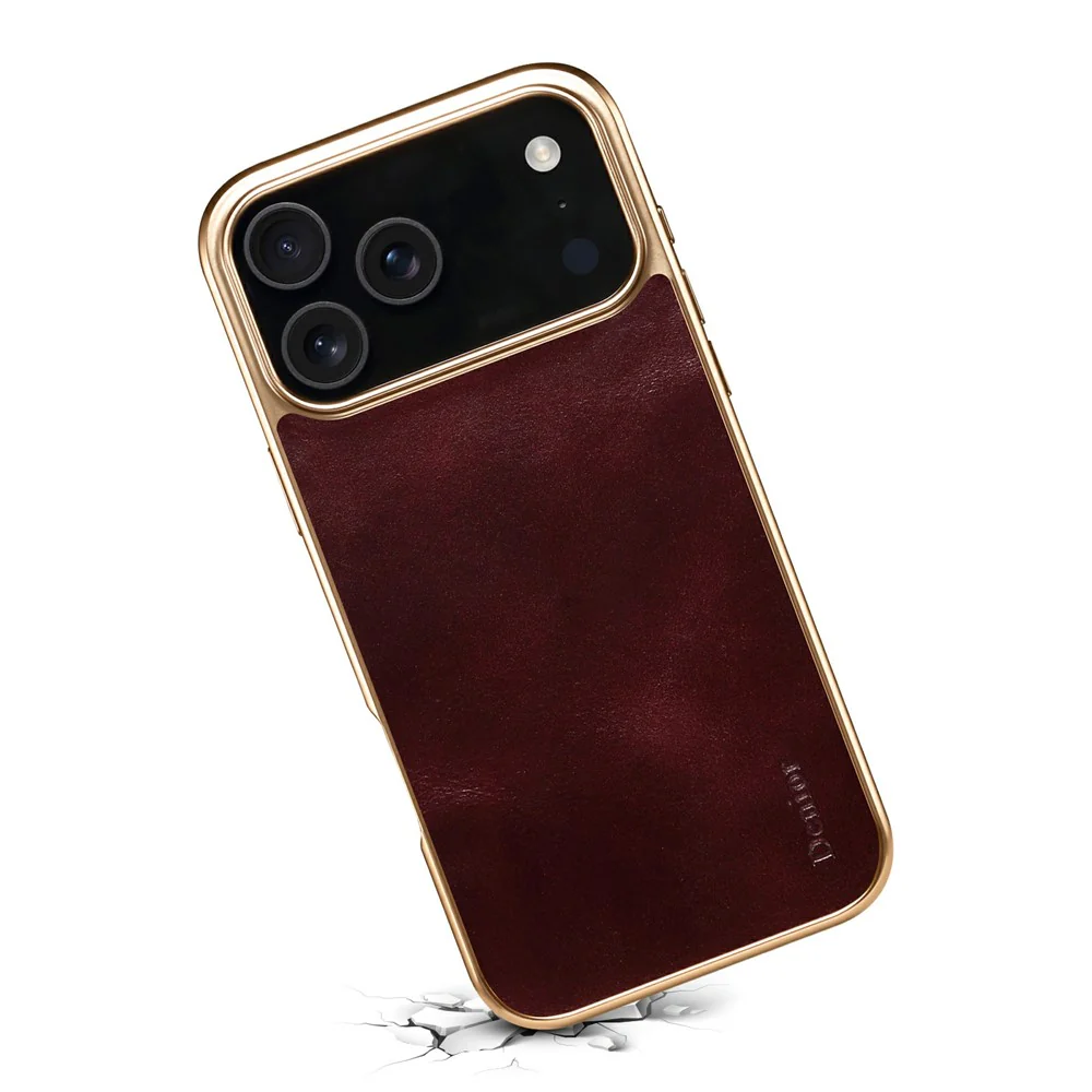 DENIOR A01 For iPhone 17 Pro Max Case Waxy Texture Genuine Cow Leather Electroplating Back Cover - Red - Image 4