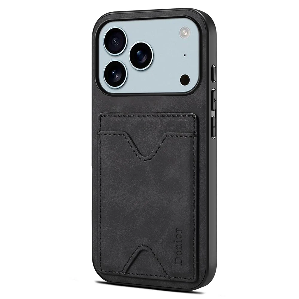 DENIOR For iPhone 17 Pro Max Case Card Holder Kickstand Leather + PC + TPU Phone Cover - Black - Image 2
