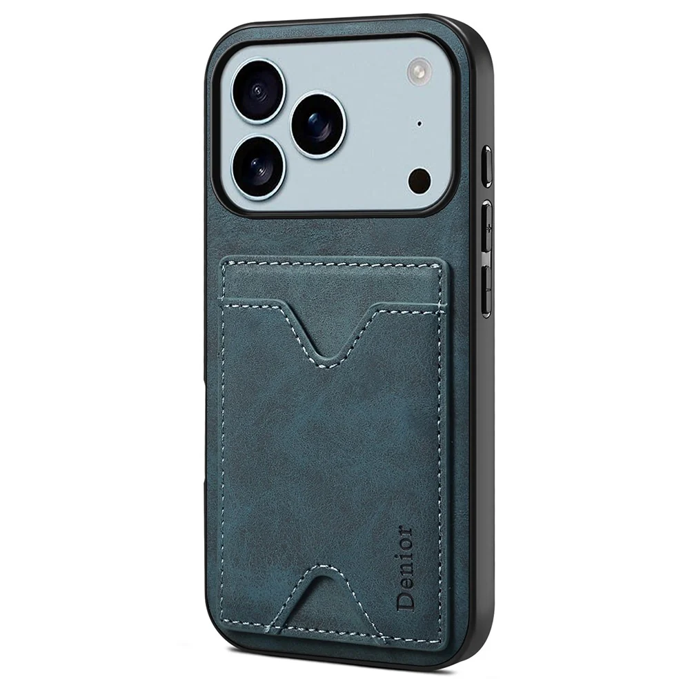 DENIOR For iPhone 17 Pro Max Case Card Holder Kickstand Leather + PC + TPU Phone Cover - Blue - Image 2