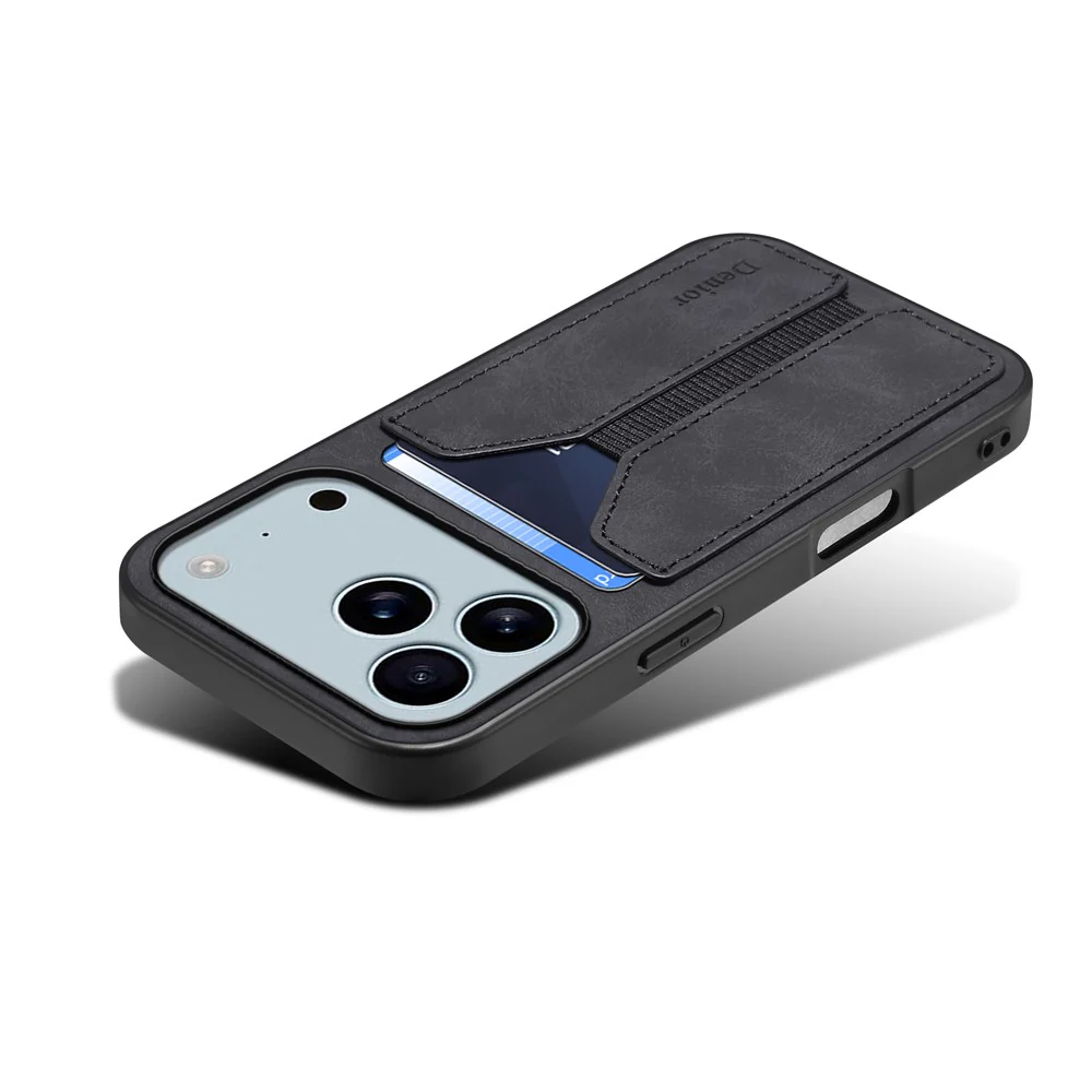 DENIOR For iPhone 17 Pro Max Case Elastic Card Holder PU Leather + TPU + PC Phone Cover - Black - Image 3