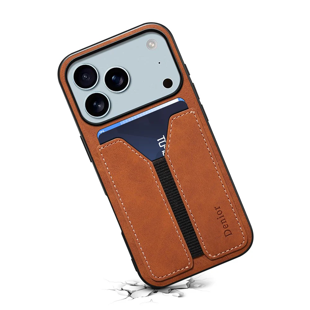 DENIOR For iPhone 17 Pro Max Case Elastic Card Holder PU Leather + TPU + PC Phone Cover - Brown - Image 2