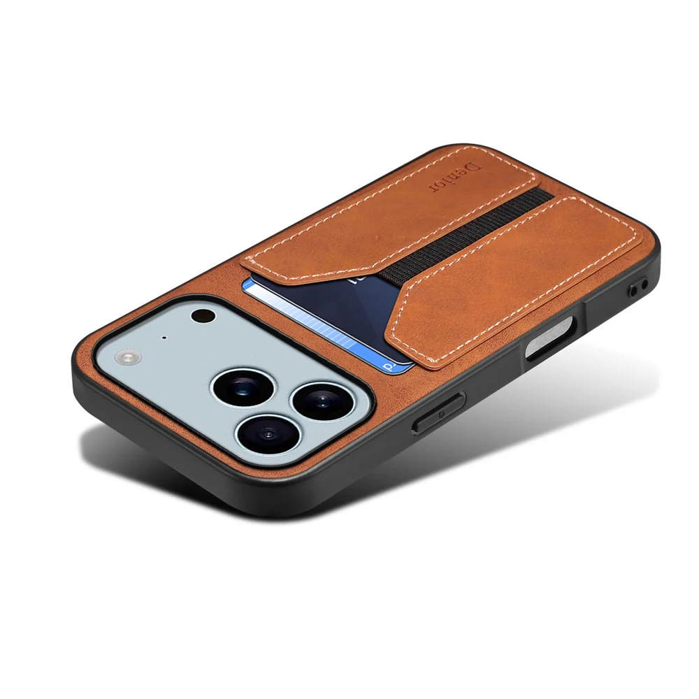 DENIOR For iPhone 17 Pro Max Case Elastic Card Holder PU Leather + TPU + PC Phone Cover - Brown - Image 3