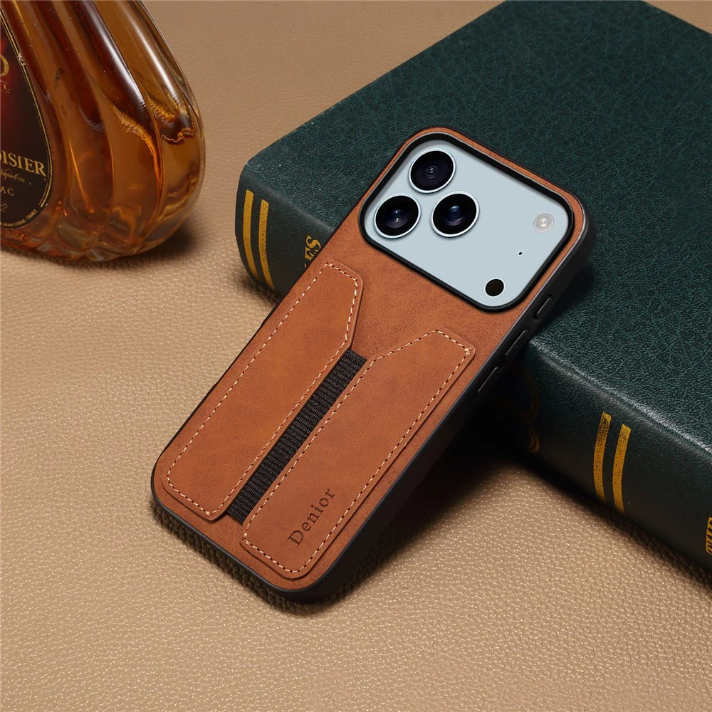 DENIOR For iPhone 17 Pro Max Case Elastic Card Holder PU Leather + TPU + PC Phone Cover - Brown - Image 5