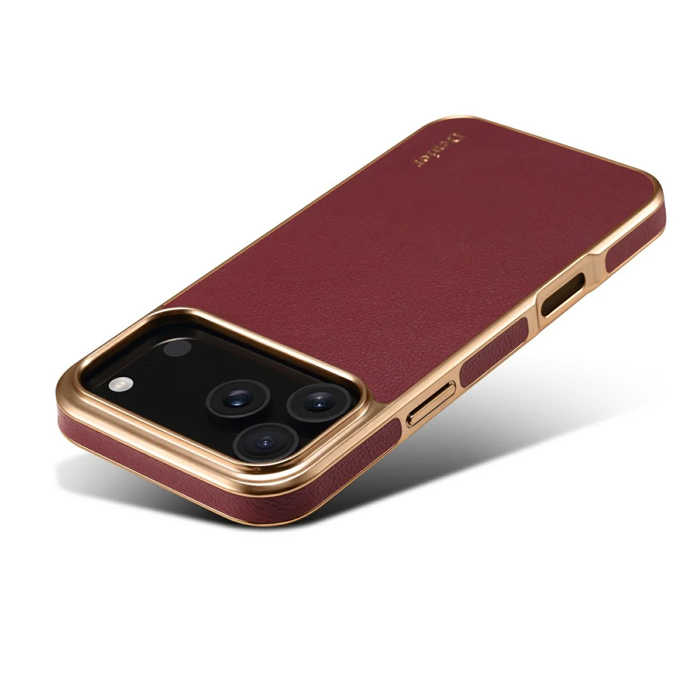 DENIOR For iPhone 17 Pro Max Case Genuine Cow Leather Coated PC + TPU Electroplating Phone Cover - Red - Image 5