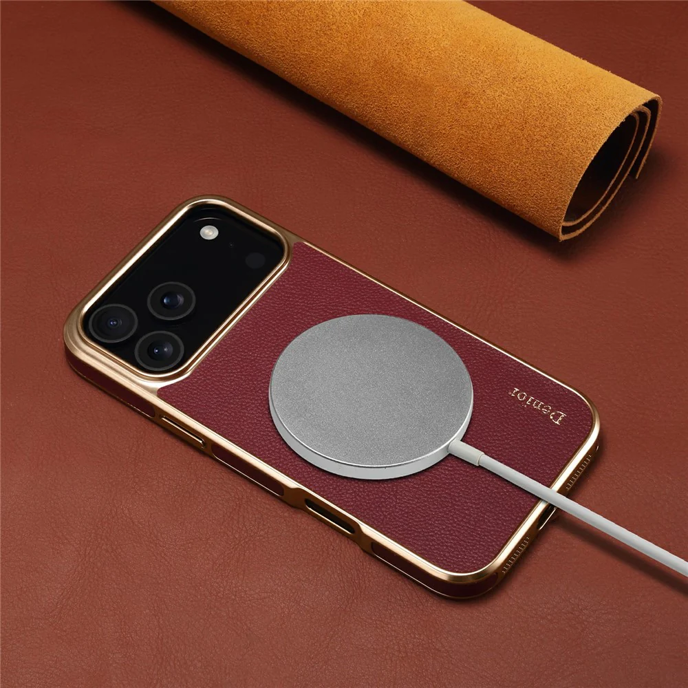 DENIOR For iPhone 17 Pro Max Case Genuine Cow Leather Coated PC + TPU Electroplating Phone Cover - Red - Image 7