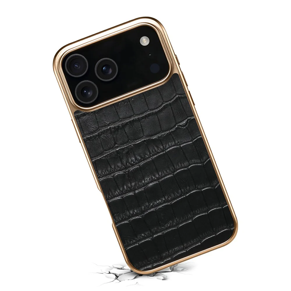 DENIOR For iPhone 17 Pro Max Case Genuine Cow Leather Crocodile Texture Electroplating Phone Cover - Black - Image 4