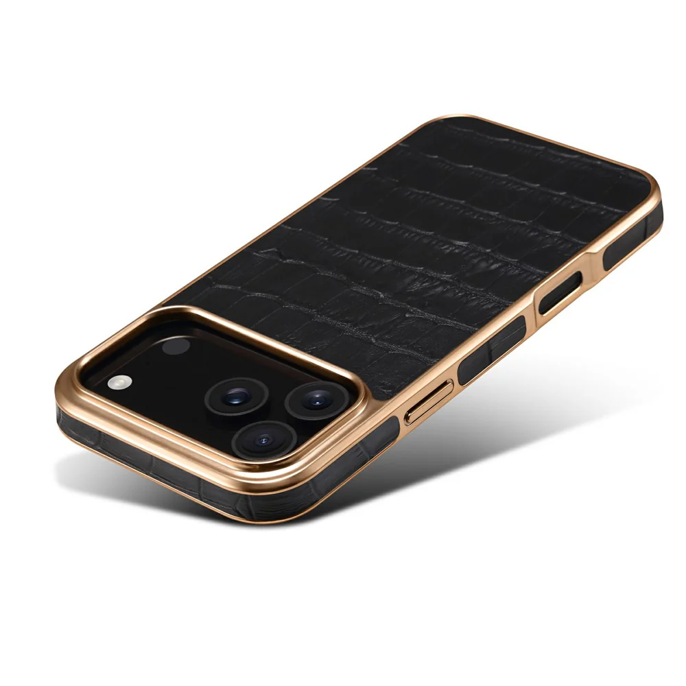 DENIOR For iPhone 17 Pro Max Case Genuine Cow Leather Crocodile Texture Electroplating Phone Cover - Black - Image 5
