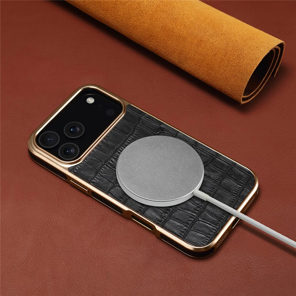 DENIOR For iPhone 17 Pro Max Case Genuine Cow Leather Crocodile Texture Electroplating Phone Cover - Black - Image 7