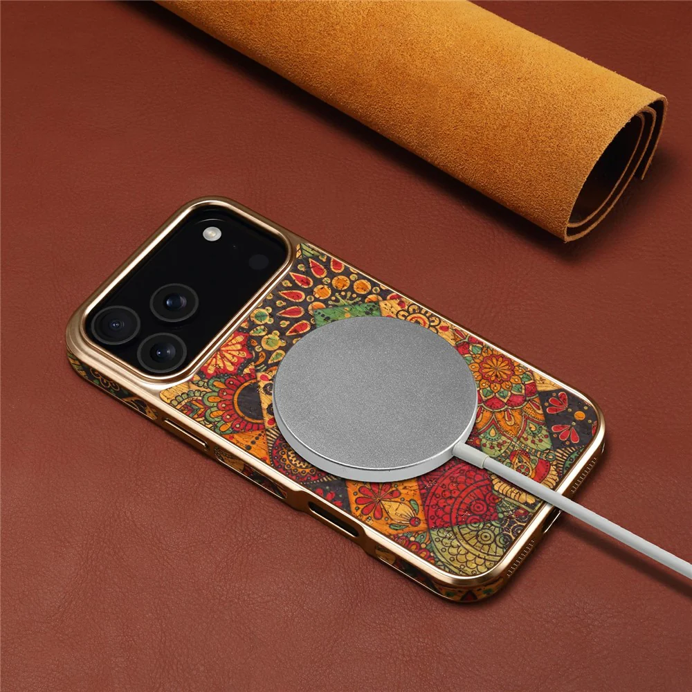 DENIOR For iPhone 17 Pro Max Case Pattern Printed Electroplating Leather Back Phone Cover - Yellow - Image 7