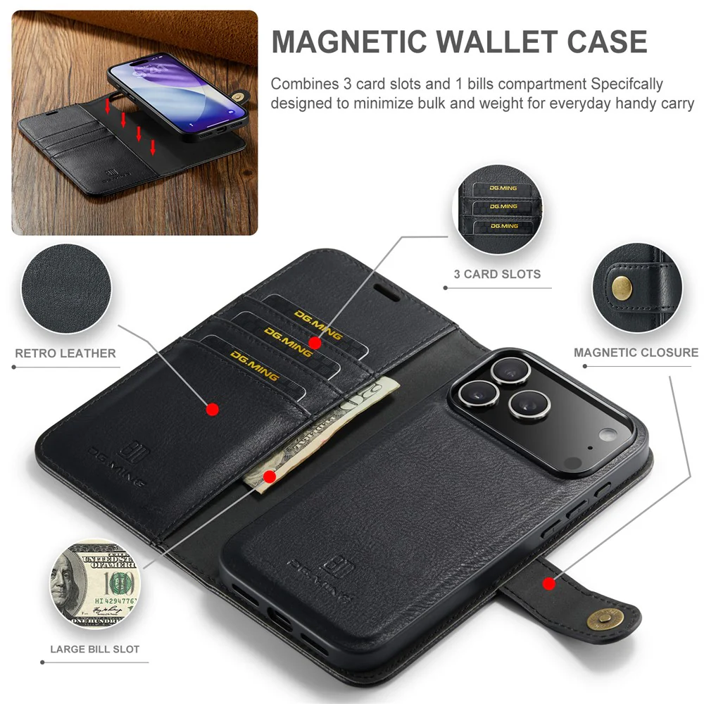 DG.MING for iPhone 17 Pro Max Case Detachable Split Leather Phone Cover - Black - Image 4