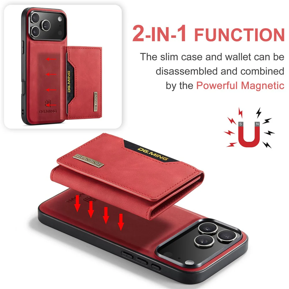 DG.MING M2 Series for iPhone 17 Pro Max Case PU + PC + TPU Phone Cover Detachable Wallet - Red - Image 6